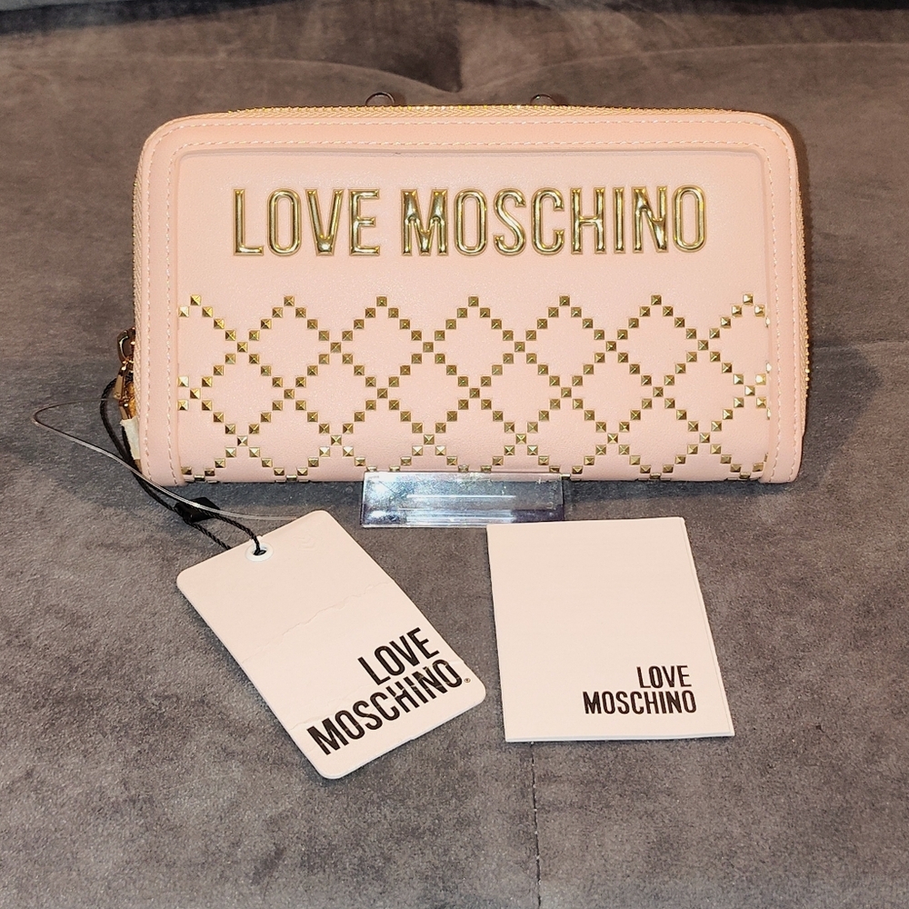 NWT LOVE MOSCHINO PORTAFOGLI" PU ROSE PINK STUDDED LONG FULL ZIP AROUND WALLET